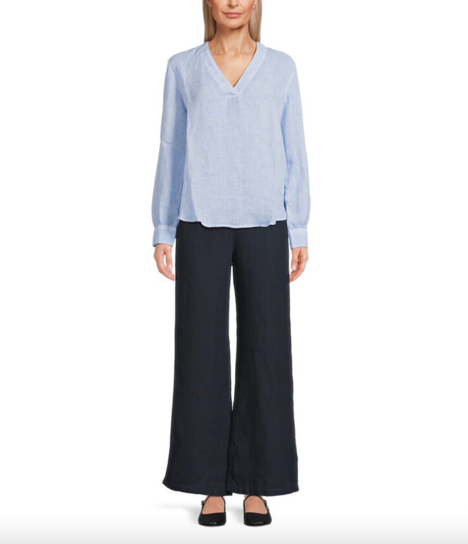 120% Lino Long Sleeve V-neck Linen Top in Avio Blue