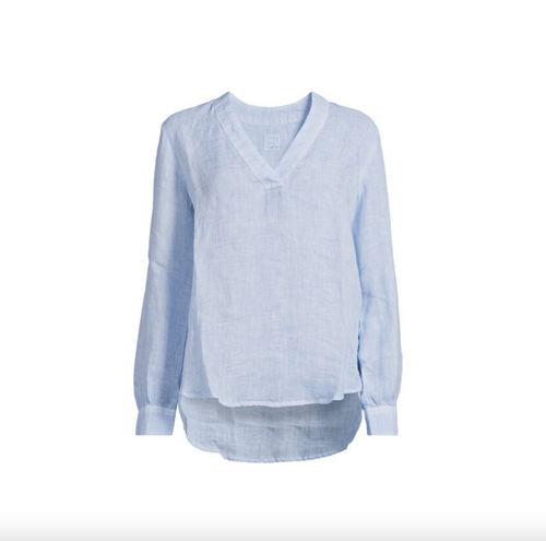 120% Lino Long Sleeve V-neck Linen Top in Avio Blue