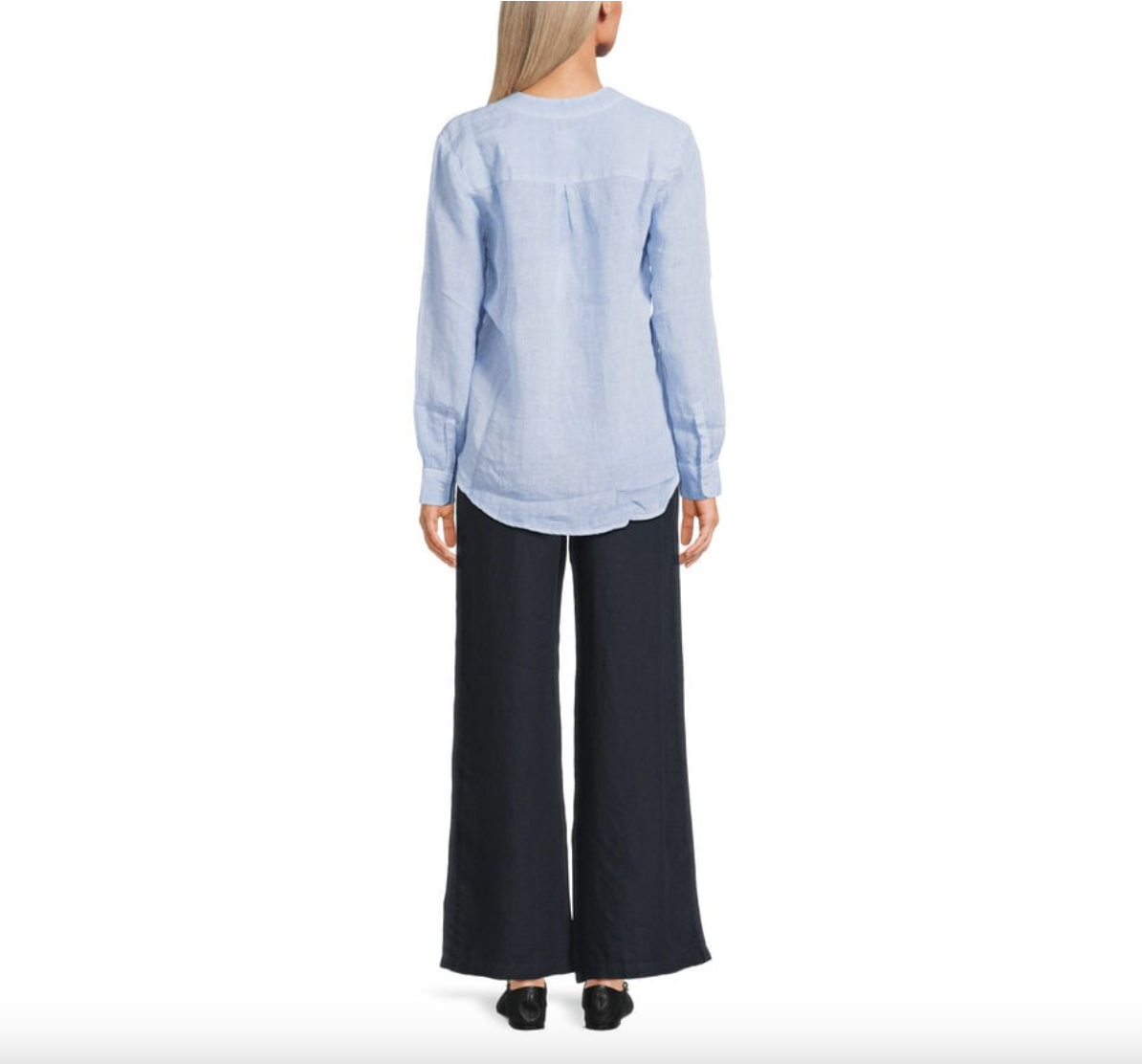 120% Lino Long Sleeve V-neck Linen Top in Avio Blue