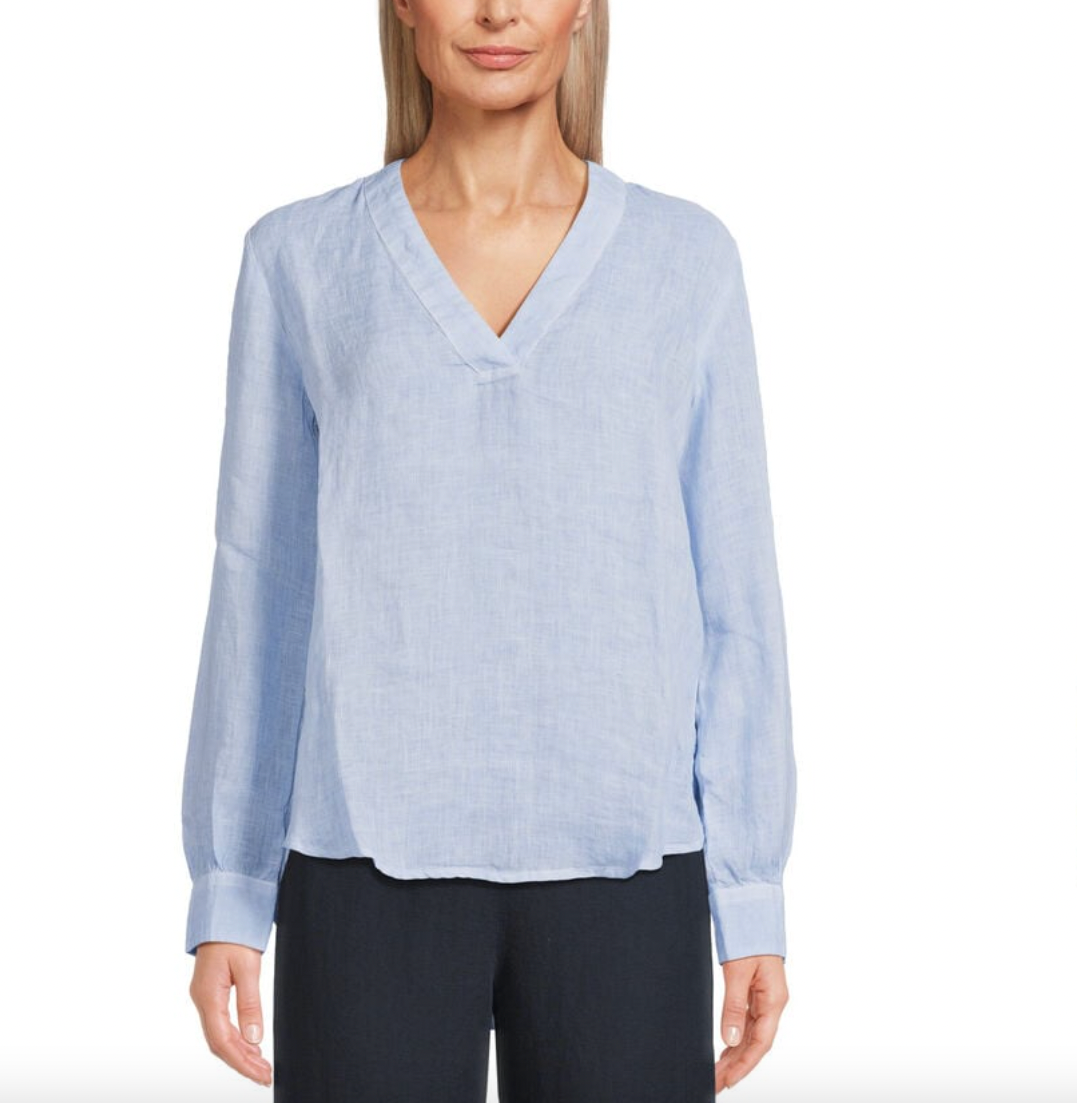 120% Lino Long Sleeve V-neck Linen Top in Avio Blue