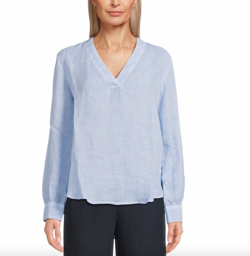 120% Lino Long Sleeve V-neck Linen Top in Avio Blue