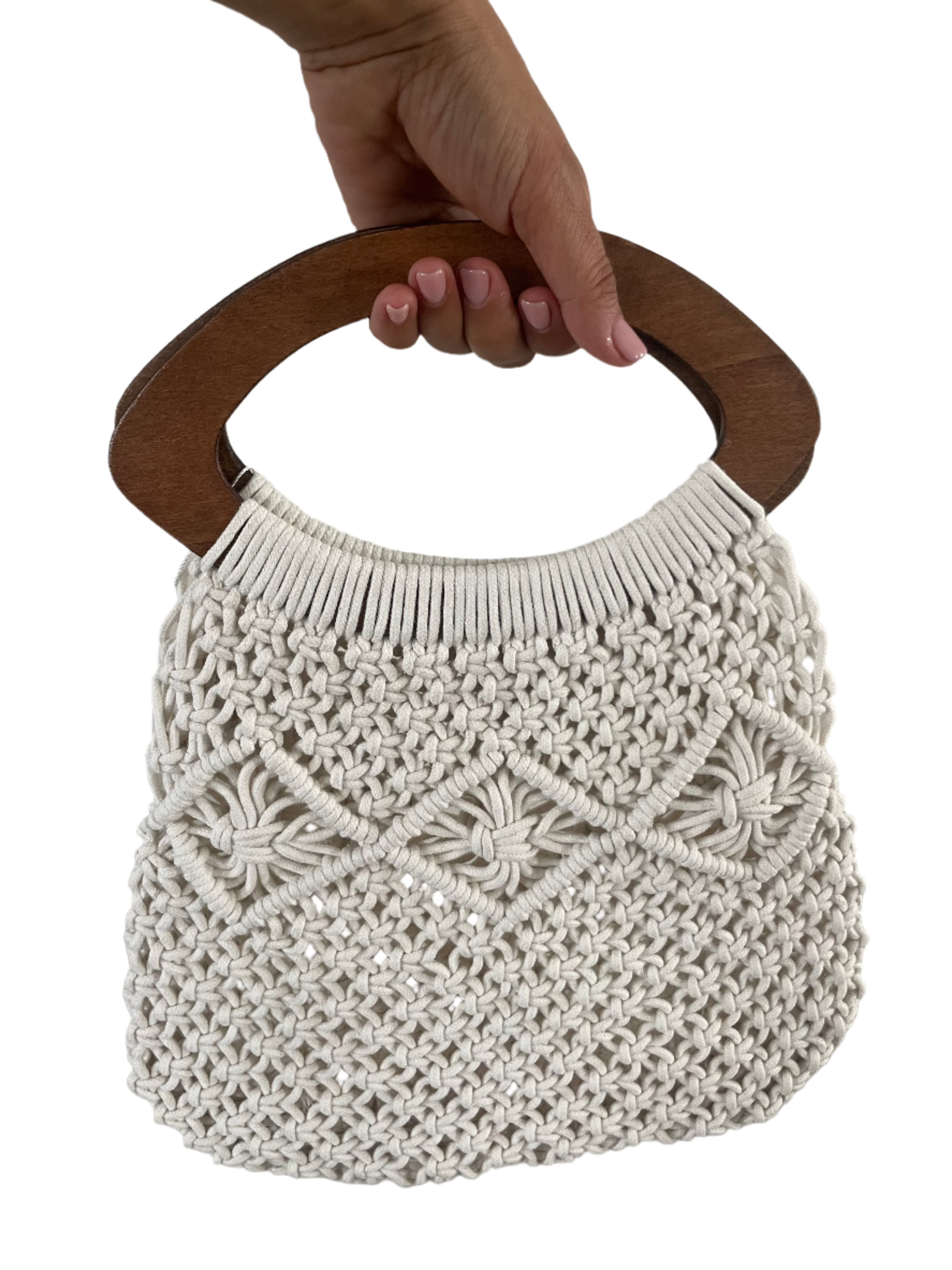 White crochet bag with wooden handles