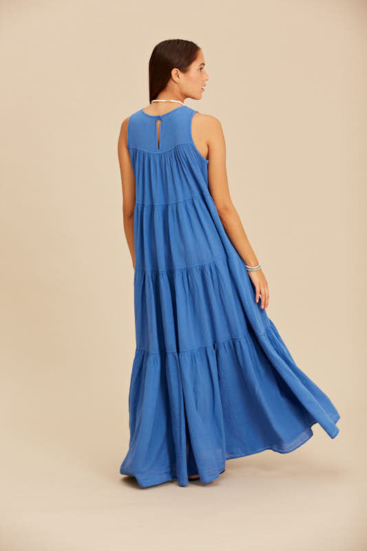 Devotion Twins Long Barcelona Dress with Ruffles in Blue