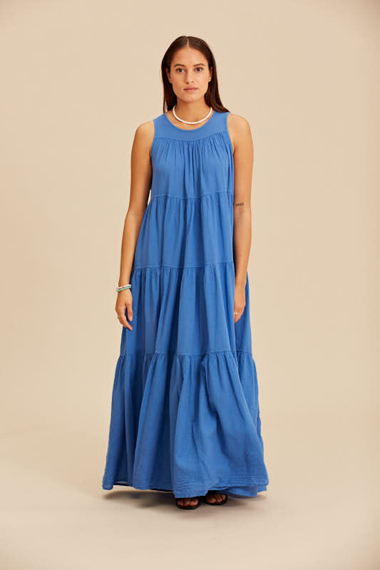 Devotion Twins Long Barcelona Dress with Ruffles in Blue