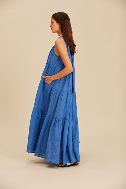 Devotion Twins Long Barcelona Dress with Ruffles in Blue