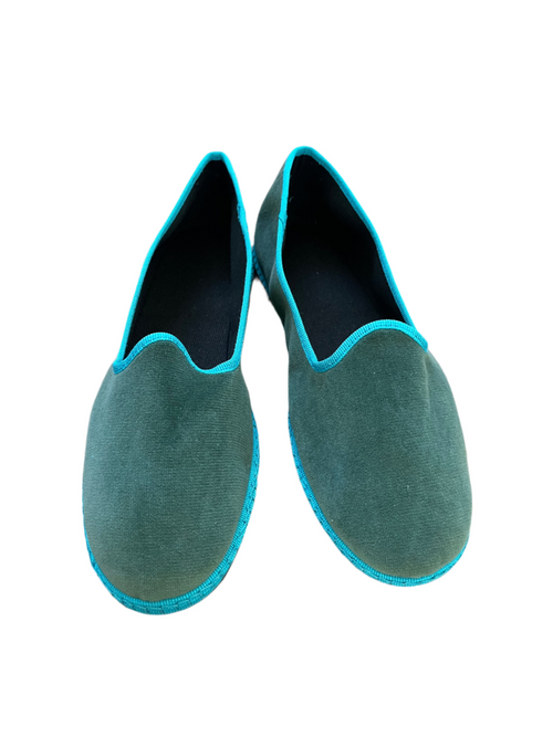 Friulane Velvet Shoes Slippers with Rubber Sole - Green with Turquoise Trim