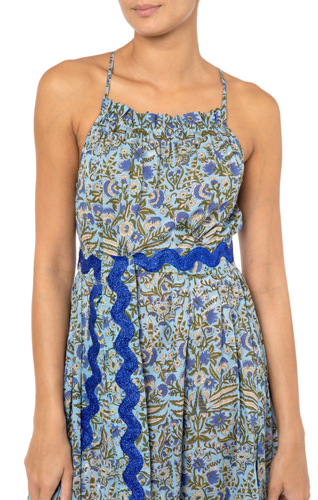 Juliet Dunn Botanical Cross Back Midi Dress in Blue