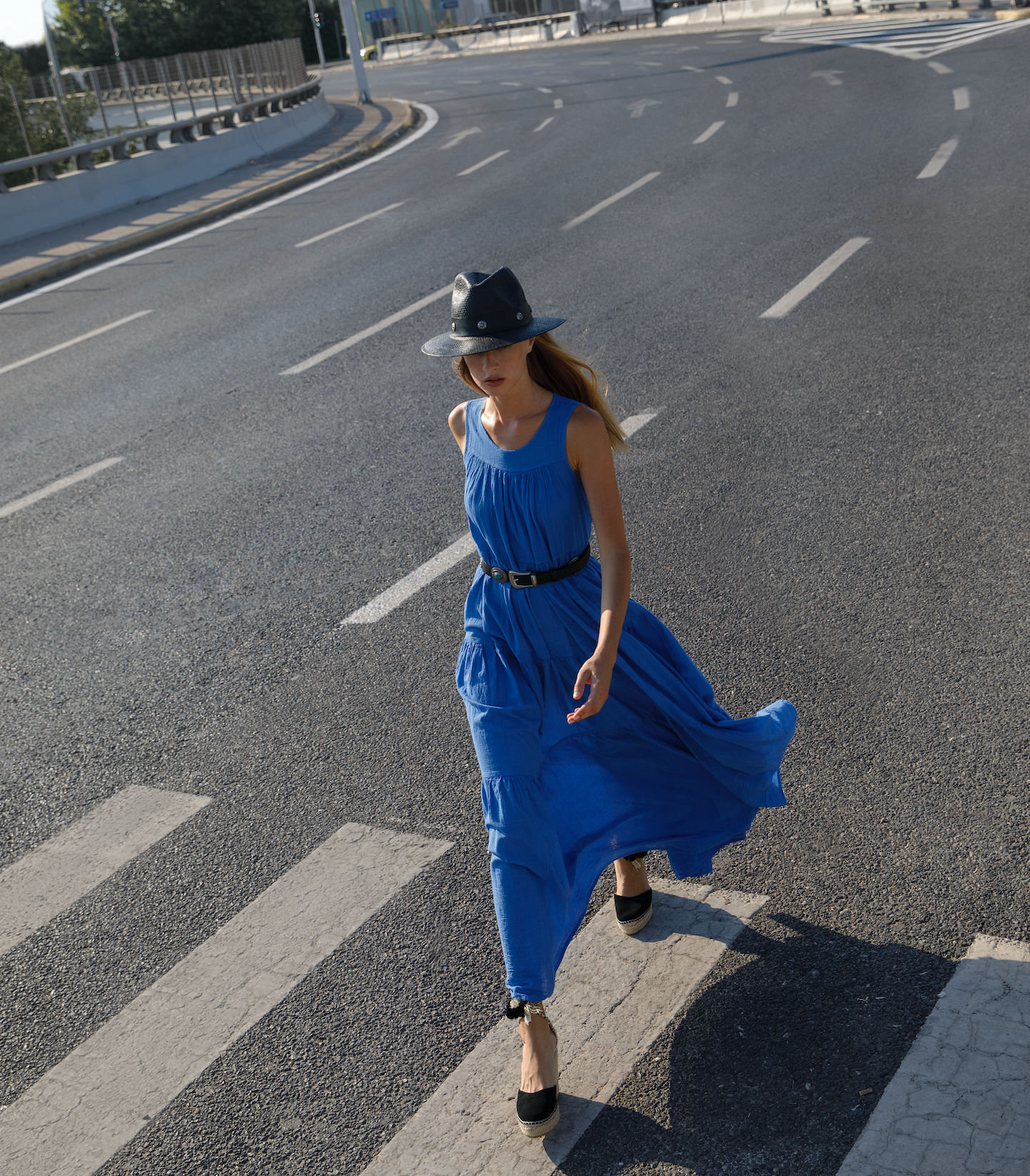 Devotion Twins Long Barcelona Dress with Ruffles in Blue