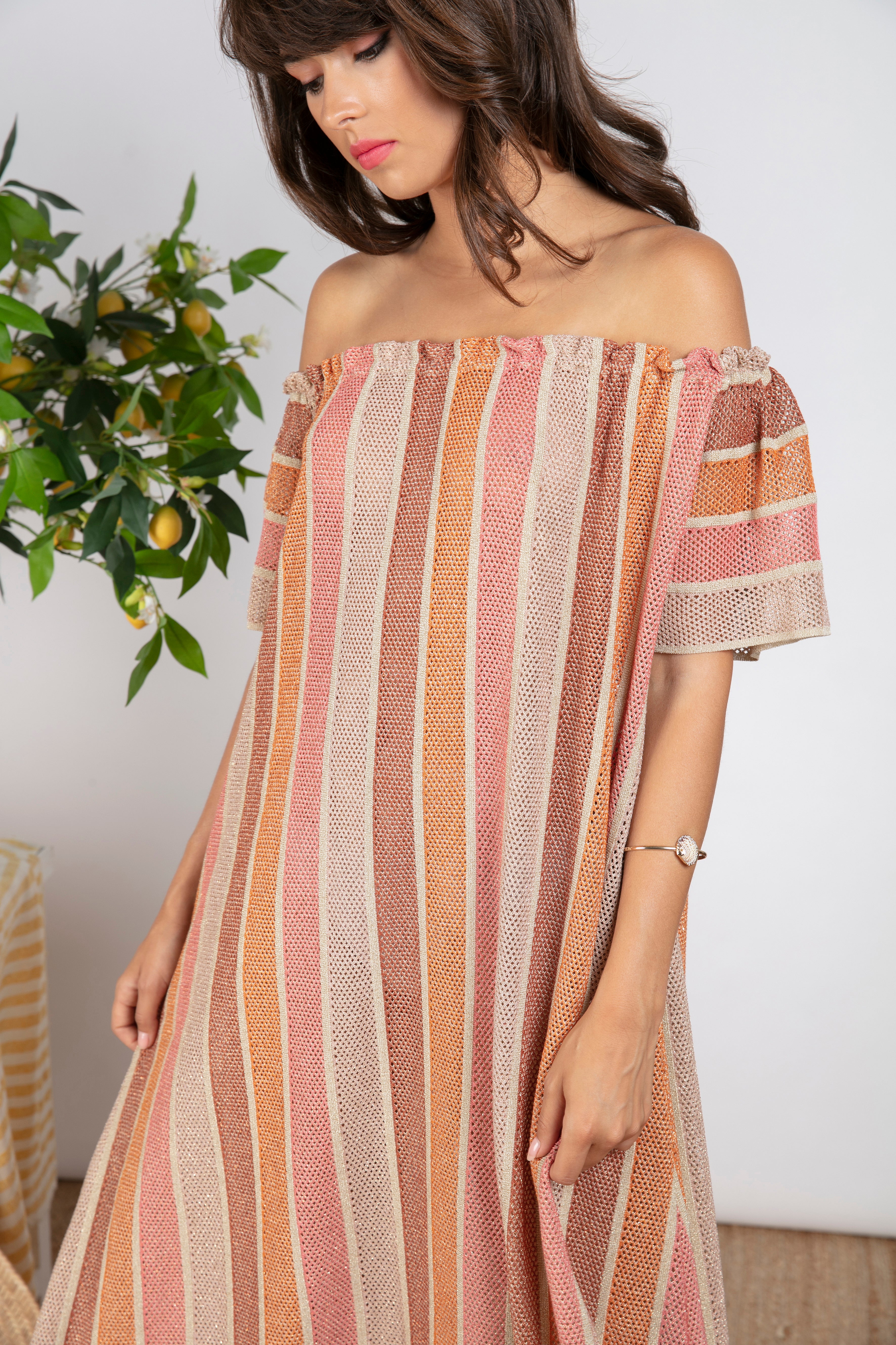 Sundress Bella Italian Knit Off-the-Shoulder Dress in Pink/Beige/Orange Stripes