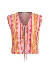 Colorful patterned top with a tie detail on a white background