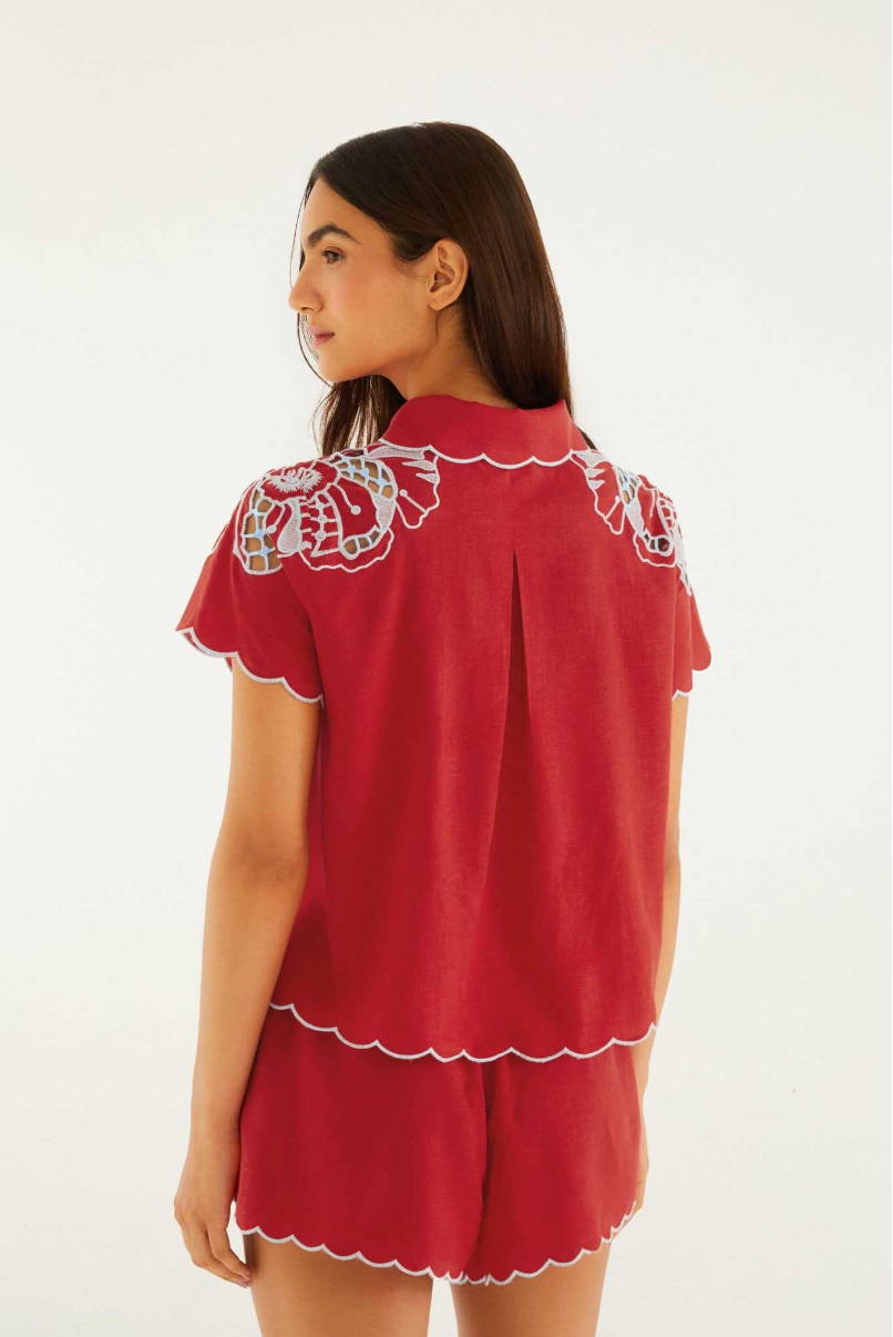 Farm Rio Red Poppy Flowers Shorts with Embroidery