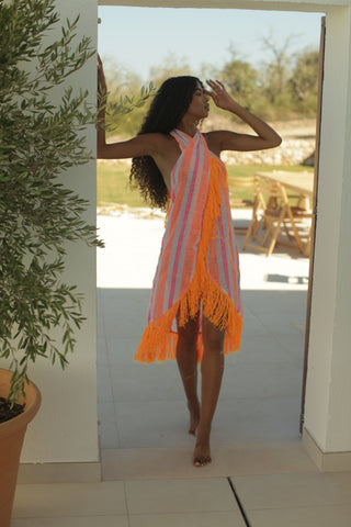 Sundress Bella Italian Knit Off-the-Shoulder Dress in Pink/Beige/Orange Stripes