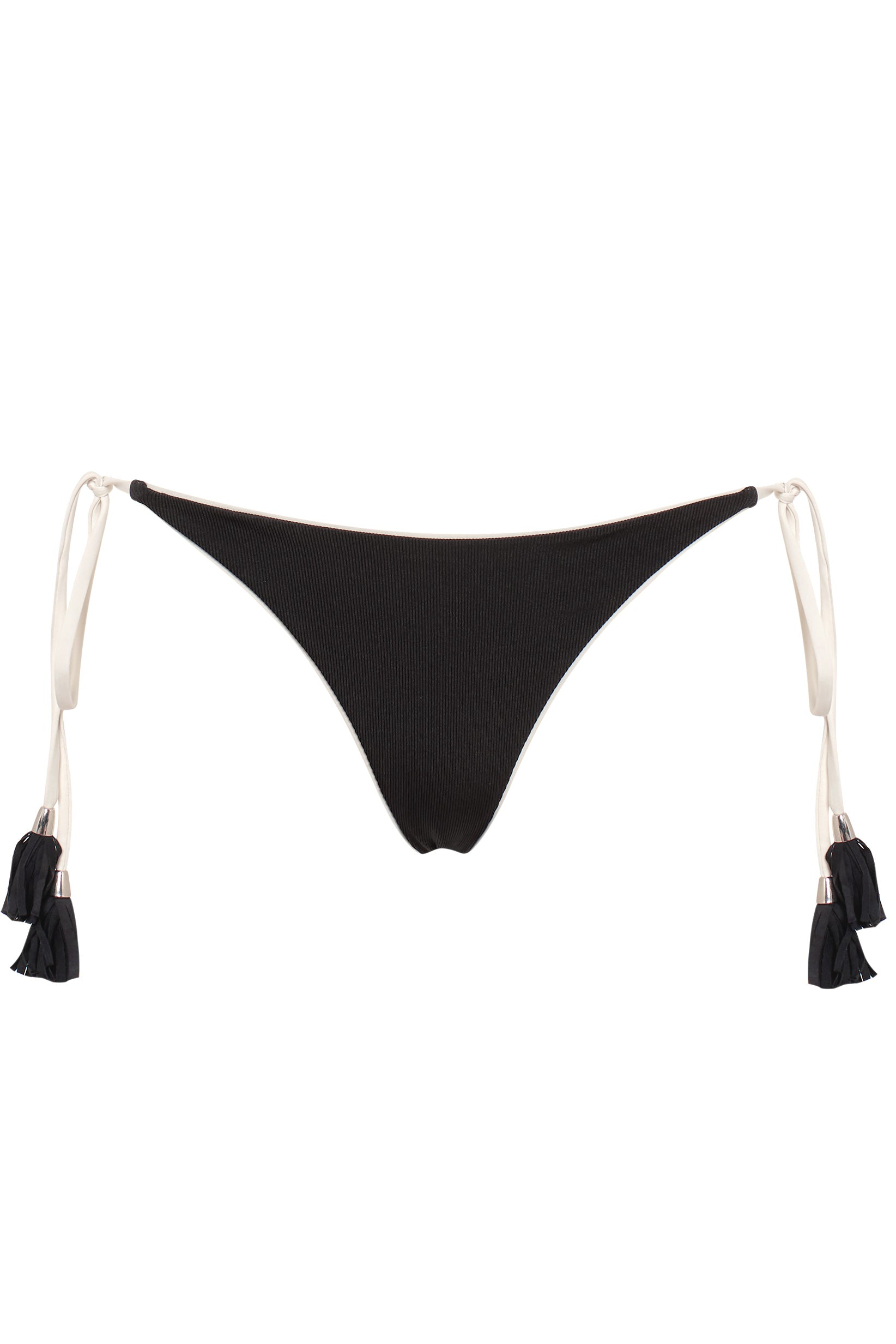Black bikini bottom with white strings and tassels on a white background