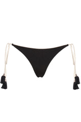 Black bikini bottom with white strings and tassels on a white background
