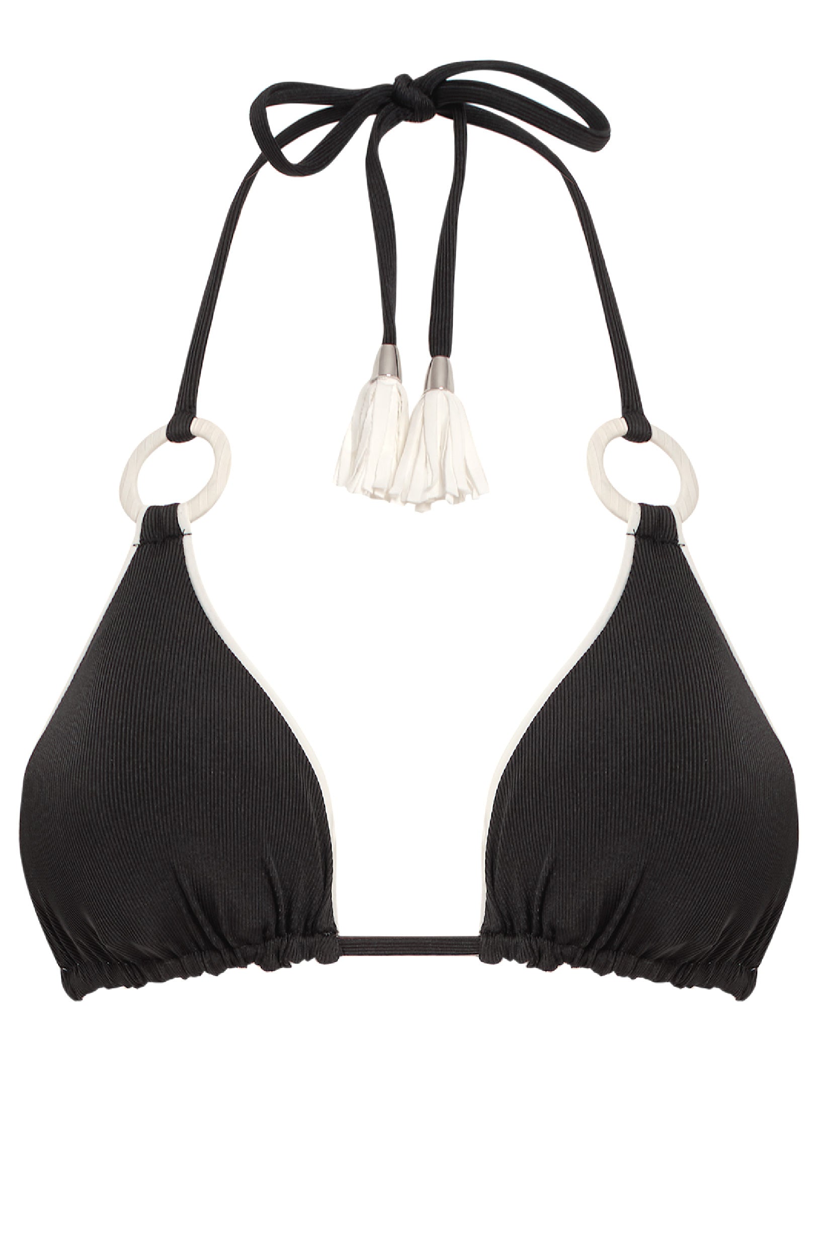 Black bikini top with ring details on a white background