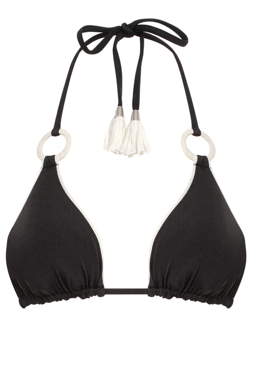 Black bikini top with ring details on a white background