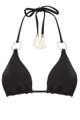 Black bikini top with ring details on a white background