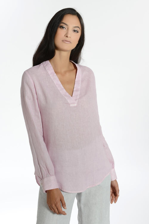120% Lino Long Sleeve V-neck Linen Top in Fragrant Pink