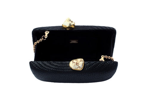 Kayu Jen Clutch with White Stones in Black, Kayu Jen Clutch with White Stones in Black