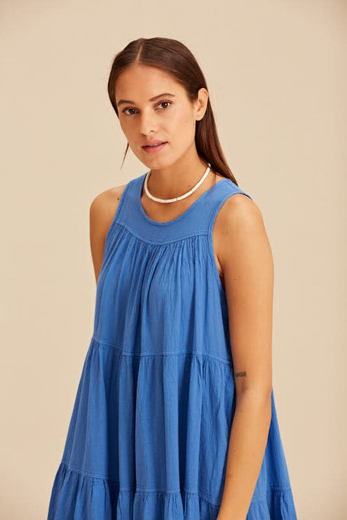 Devotion Twins Long Barcelona Dress with Ruffles in Blue