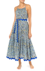 Juliet Dunn Botanical Cross Back Midi Dress in Blue