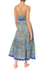 Juliet Dunn Botanical Cross Back Midi Dress in Blue