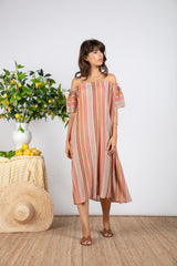 Sundress Bella Italian Knit Off-the-Shoulder Dress in Pink/Beige/Orange Stripes