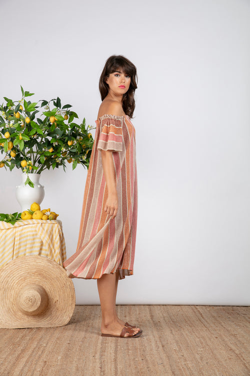 Sundress Bella Italian Knit Off-the-Shoulder Dress in Pink/Beige/Orange Stripes