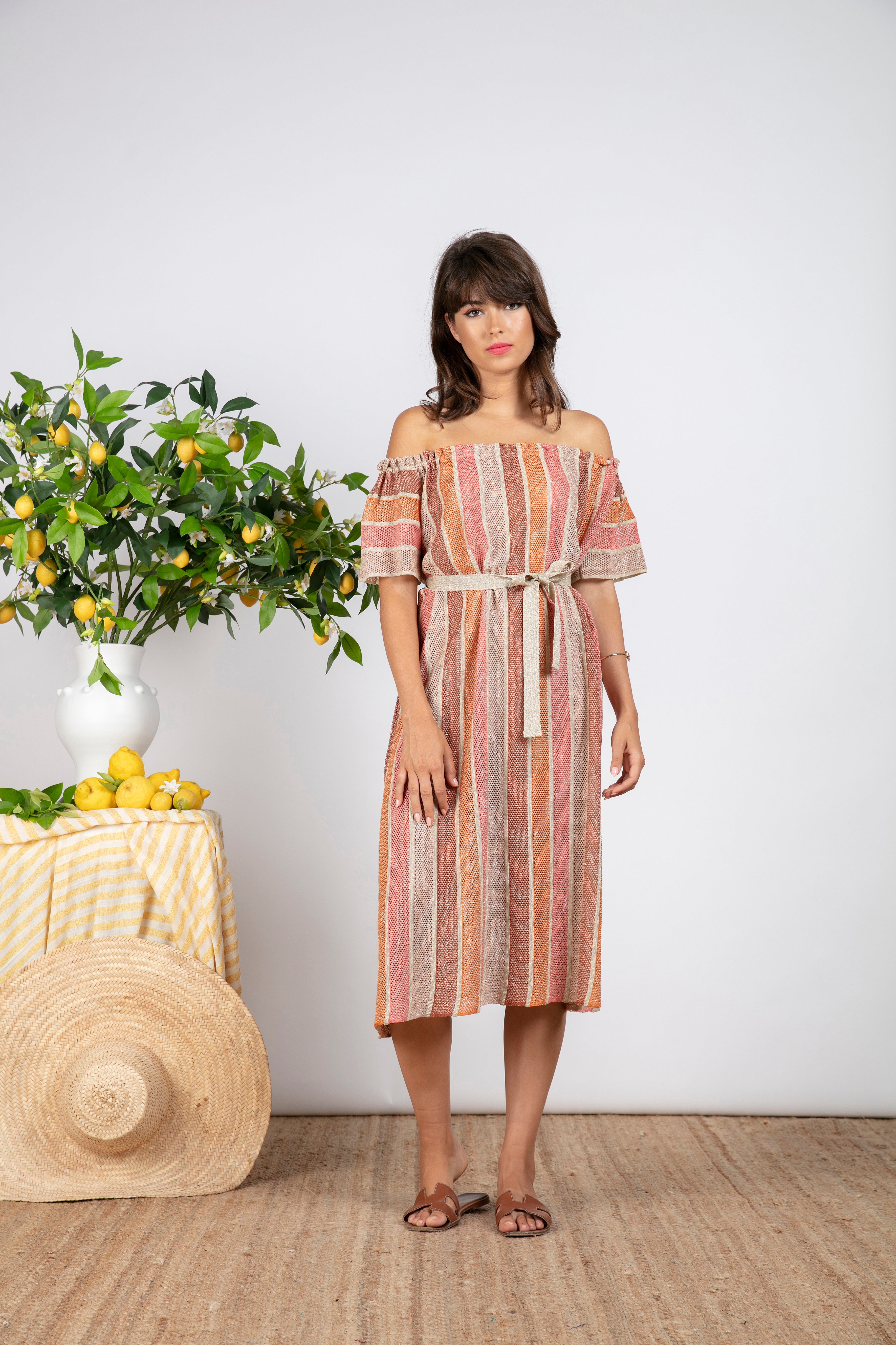 Sundress Bella Italian Knit Off-the-Shoulder Dress in Pink/Beige/Orange Stripes Media 4 of 4